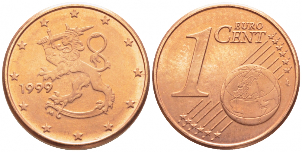 Финляндия 1 евроцент 1999 KM 98 сталь плакированная медью UNC 116-711