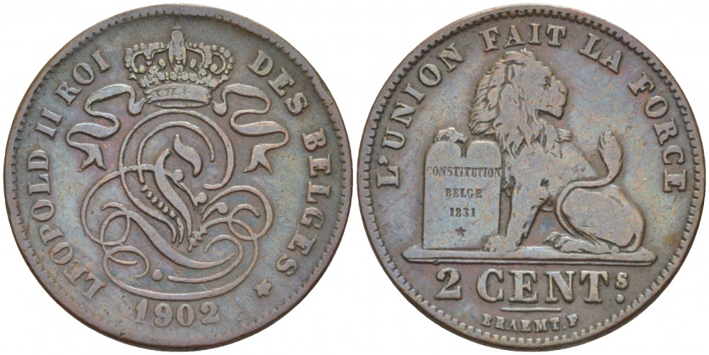 БЕЛЬГИЯ 2 САНТИМА 1902 BELGES KM 35.1 медь 110-153