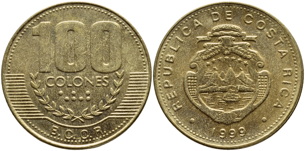 Коста-Рика 100 колон 1999 B.C.C.R., год типа KM 230а.1 латунь 4680-424
