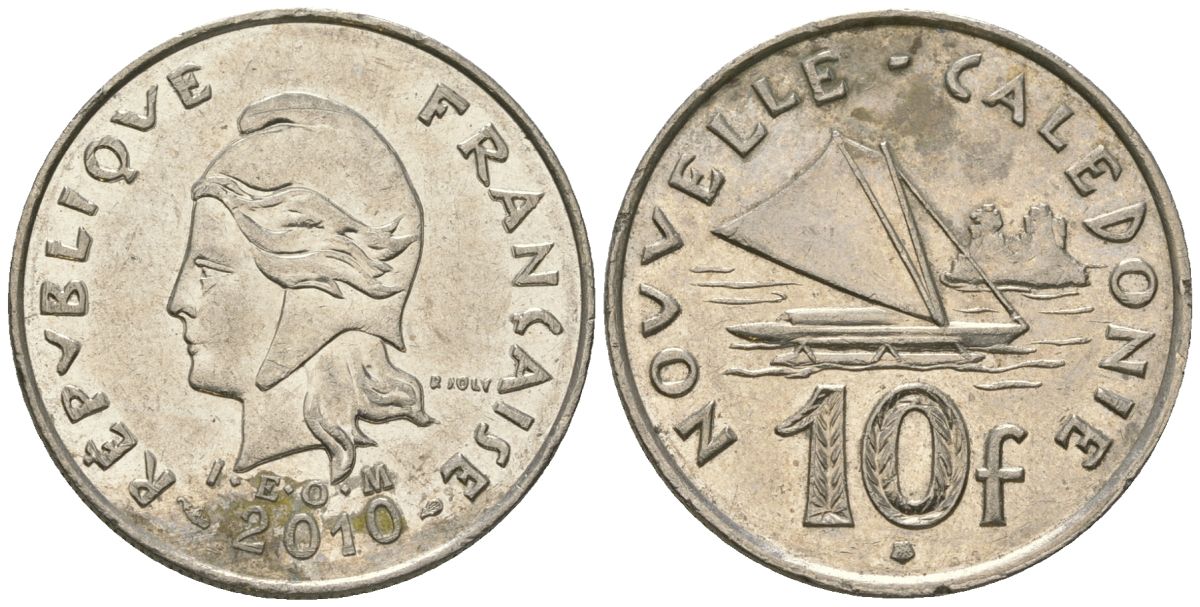 Французская Новая Каледония 10 франков 2010 рыбачья парусная лодка, (IEOM) KM 11a, Schoen 13a, Lec 99k медно-никель 3459-232