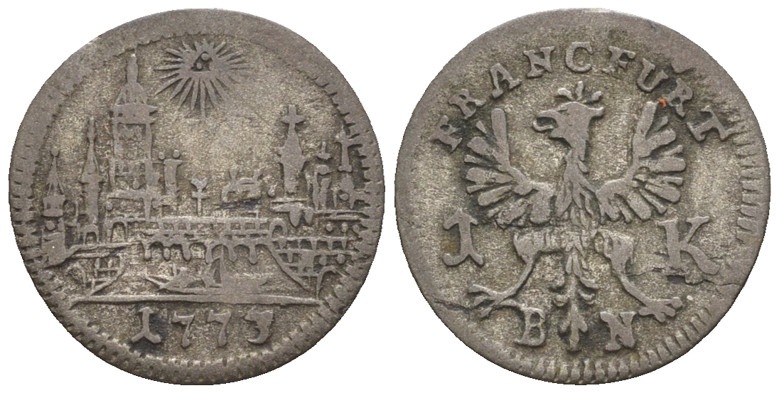 Франкфурт 1 крейцер 1773 BN, городской вид KM 253, J.u.F. 880 серебро 54-1039