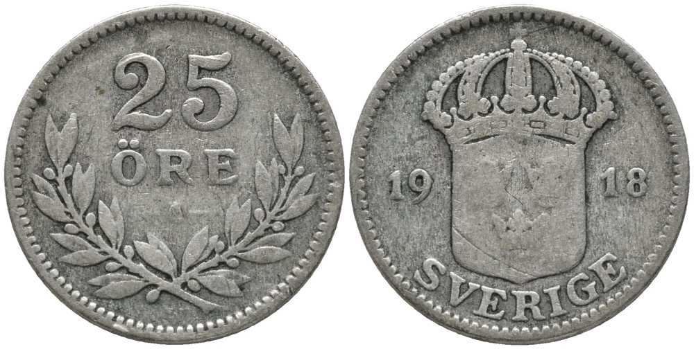 Швеция 25 эре 1918 W, Густав V (1907-1950), маленькая 8 КМ 785 серебро 201-1052