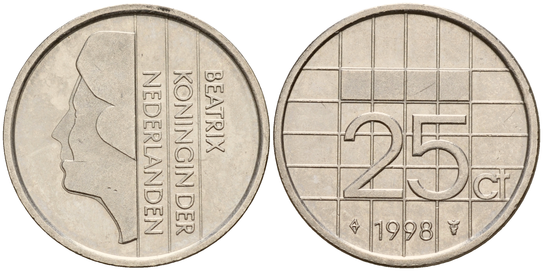 Нидерланды 25 центов 1998 Беатрикс (1980-2013) KM 204 никель    4598-326