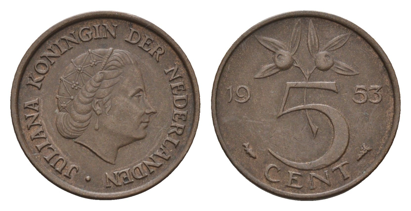Нидерланды 5 центов 1953 Юлиана (1948-1980) KM 181 бронза 4685-114