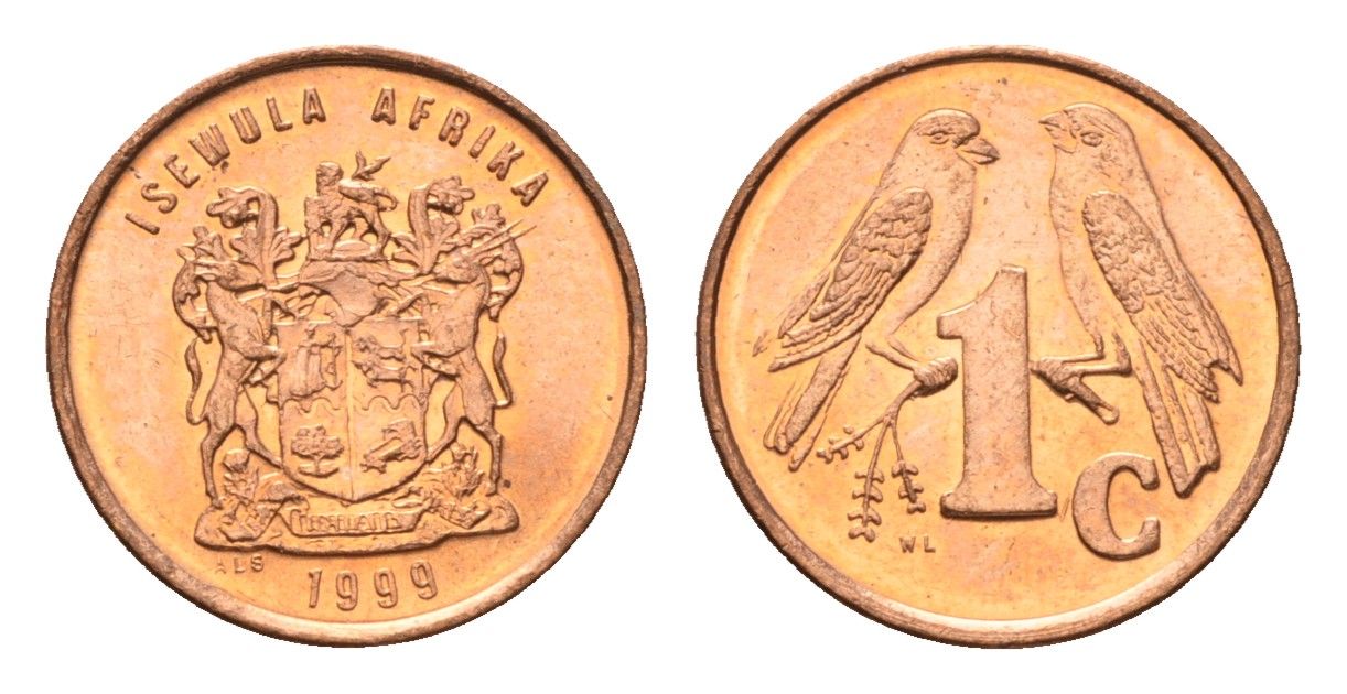 ЮАР 1 цент 1999 герб, капские воробьи KM 170 сталь плакированная медью UNC 4694-242