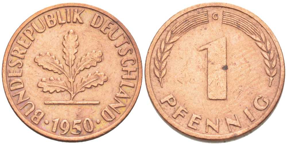 ФРГ 1 ПФЕННИГ 1950 G KM 105, J.380 сталь плакированная медью 206-1128