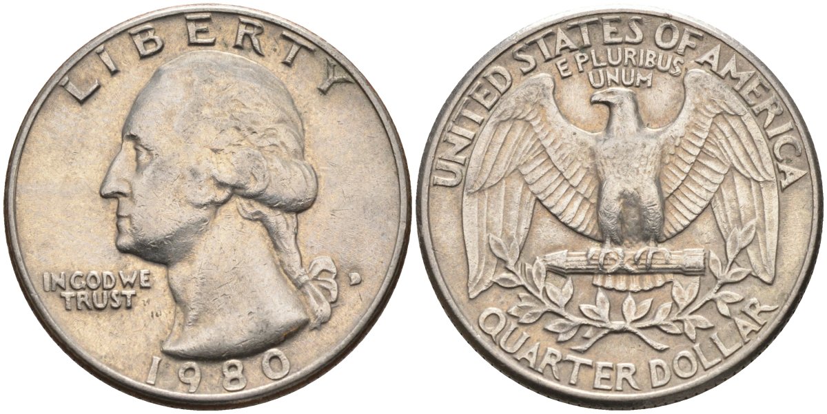 США 25 центов (квотер) 1980 D, Вашингтон KM A164a медь плакированная медно-никелем 4584-1124