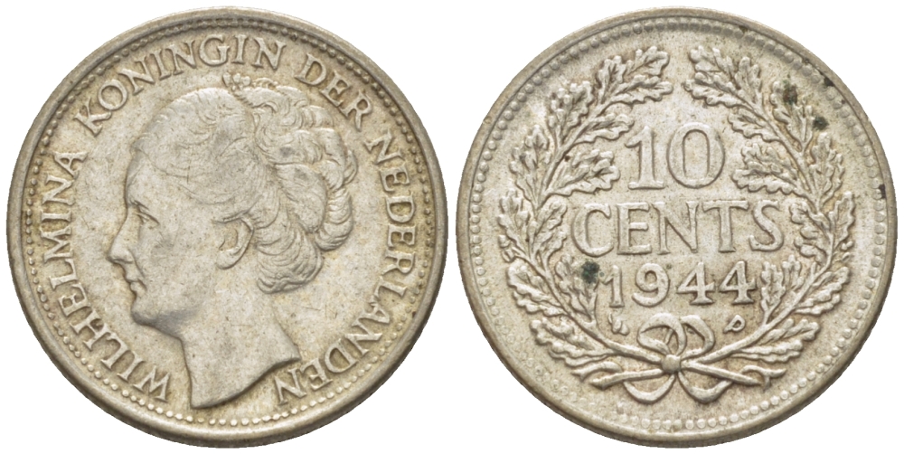 Нидерланды 10 центов 1944 Вильгельмина (1890-1948) KM 163 серебро aUNC 66-1249