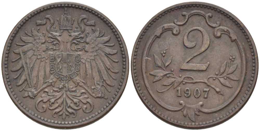 АВСТРИЯ 2 ГЕЛЛЕРА 1907 ФРАНЦ ИОСИФ (1846-1918) KM 2801 бронза 201-958