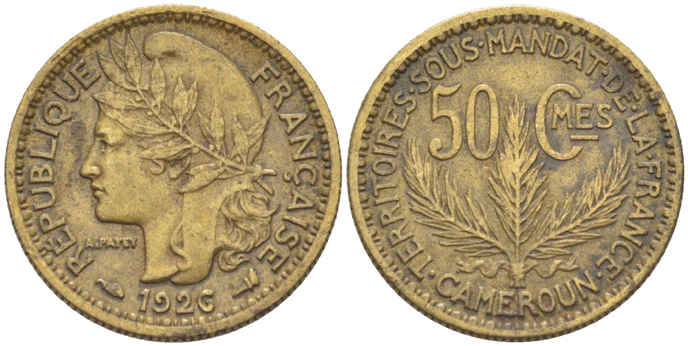 Французский Камерун 50 сантимов 1926 (а), монетный двор Париж KM 1 алюминиевая бронза 35-138