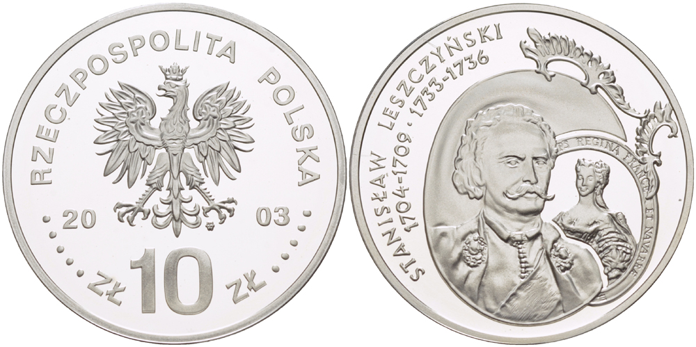 Польша 10 злотых 2003 MW, король польский и великий князь литовский Станислав Лещинский (1704-1709) (1733-1736), бюст KM 474 серебро PROOF 1080-9-61