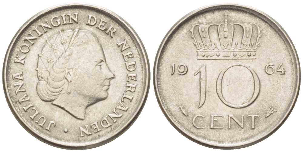 НИДЕРЛАНДЫ 10 ЦЕНТОВ 1964 ЮЛИАНА (1948-1980) KM 182 никель 214-1211