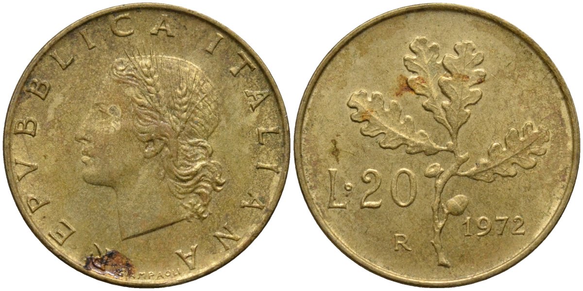 Италия 20 лир 1972 R, дубовая ветвь KM 97.2 алюминиевая бронза 4171-857