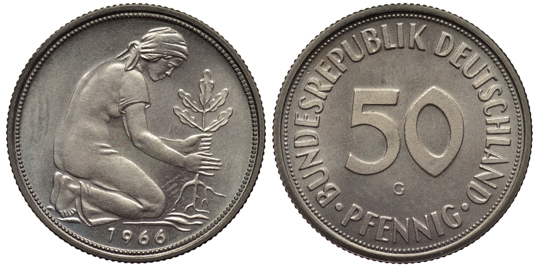 ФРГ 50 пфеннигов 1966 G KM 109.1, J. 384 медно-никель PROOF 1099-4-43