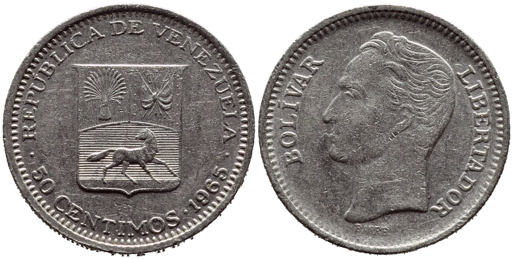 Венесуэла 50 сентимо 1965 Симон Боливар KM 41, Schon 51 никель 4392-1318