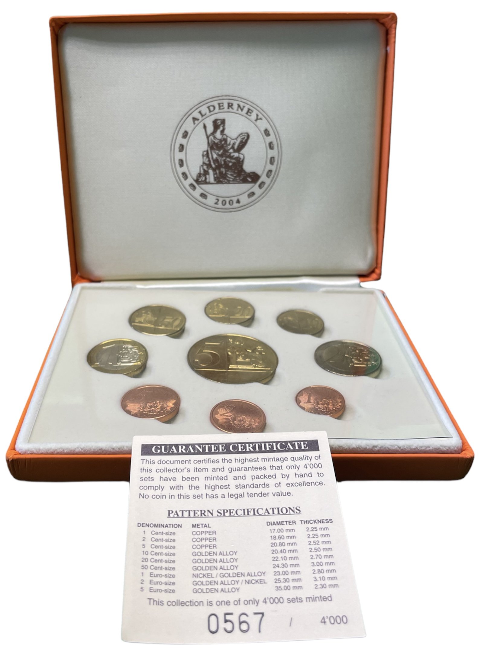 Олдерни евронабор из 9 монет (с 5 евро) 2004 пробники, PROBA, в оригинальной коробке, с сертификатом    PROOF  4-3-4-02