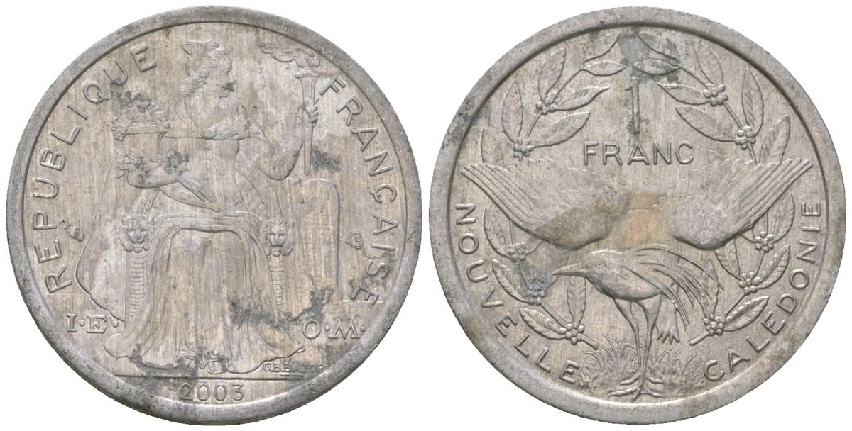 Французская Новая Каледония 1 франк 2003 птица кагу, (IEOM) KM 10, Schoen 10, Lec 52h алюминий 46-1423