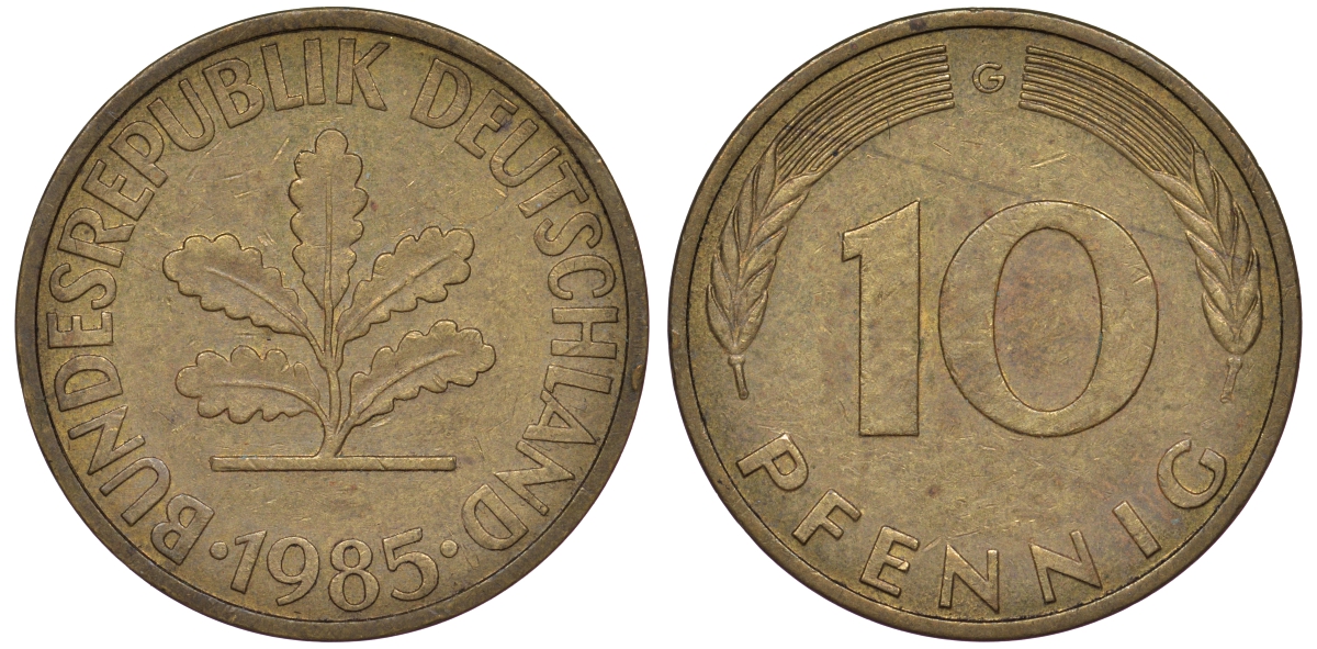 ФРГ 10 пфеннигов 1985 G KM 108, J 383 сталь плакированная латунью 25-1756