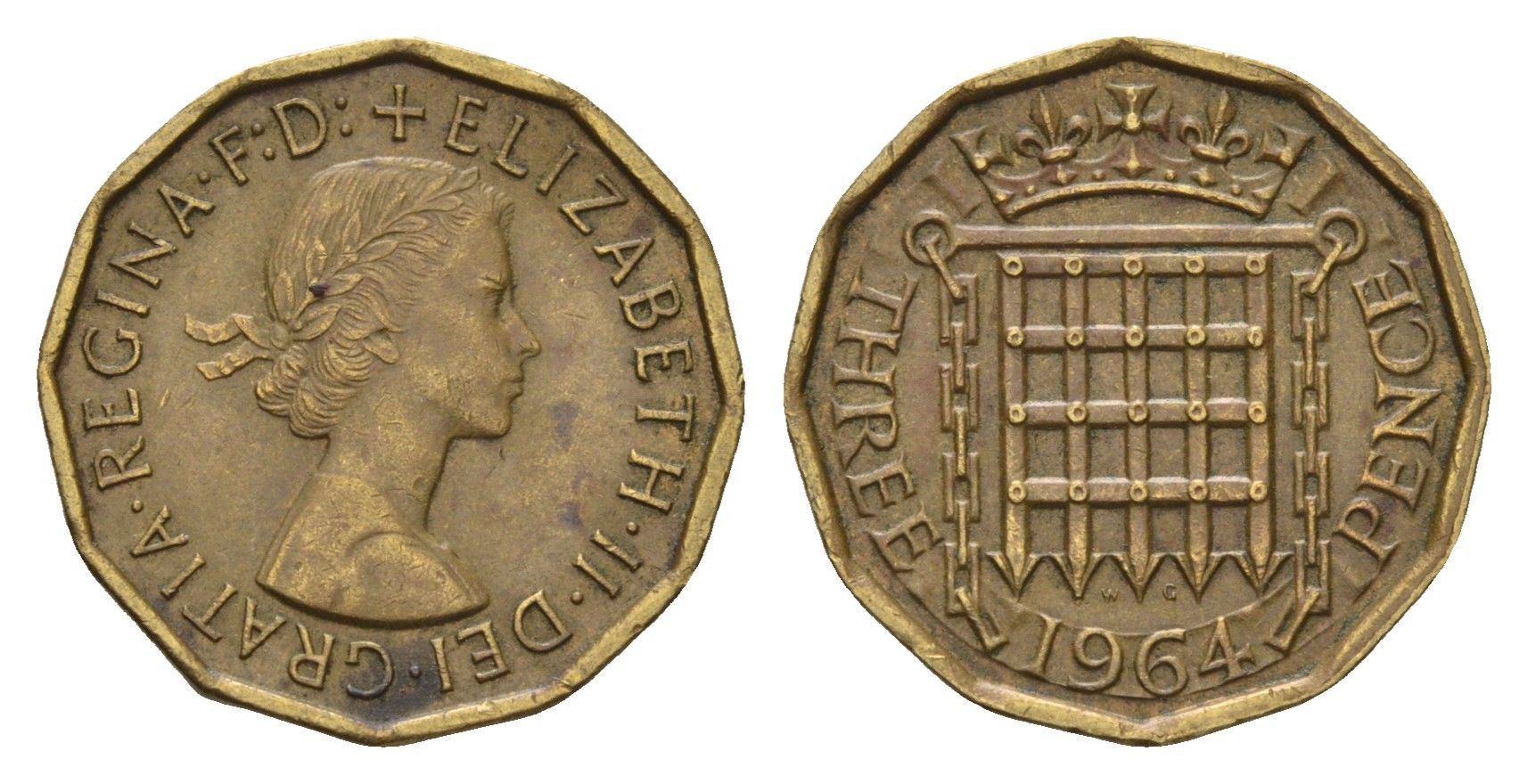 Великобритания 3 пенса 1964 Елизавета II (1952-2022) KM 900, Spink 4153 никель латунь 85-1135