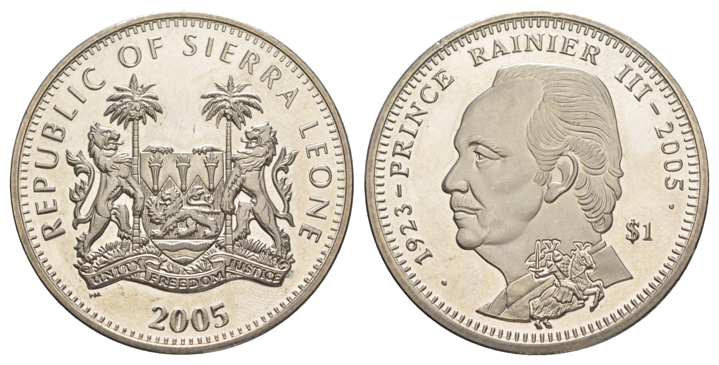 Сьерра-Леоне 1 доллар 2005 Смерть Принца Ренье III KM 345 медно-никель BU 00-1067-3-41