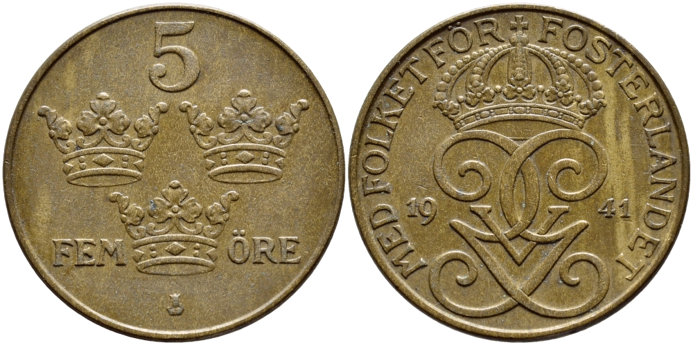 Швеция 5 эре 1941 Густав V (1907-1950) KM 779.2 бронза 4394-421