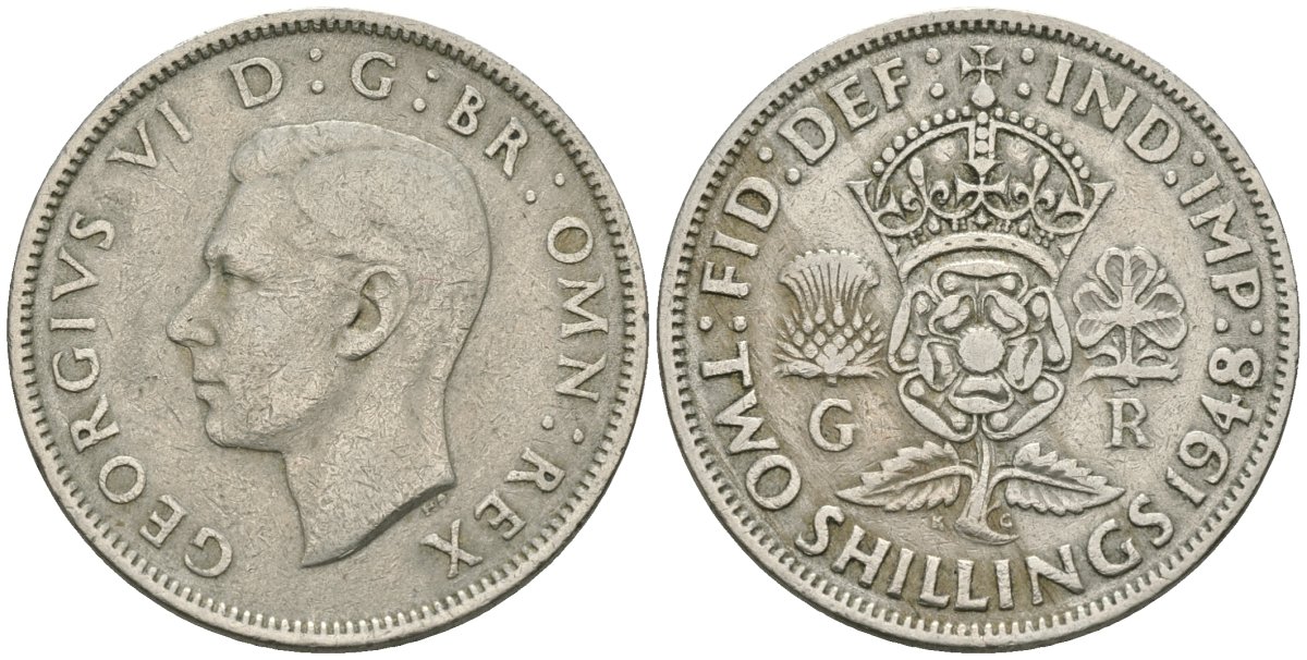 Великобритания 2 шиллинга (флорин) 1948 Георг VI (1936-1952) KM 865, Spink 4102 медно-никель 81-511