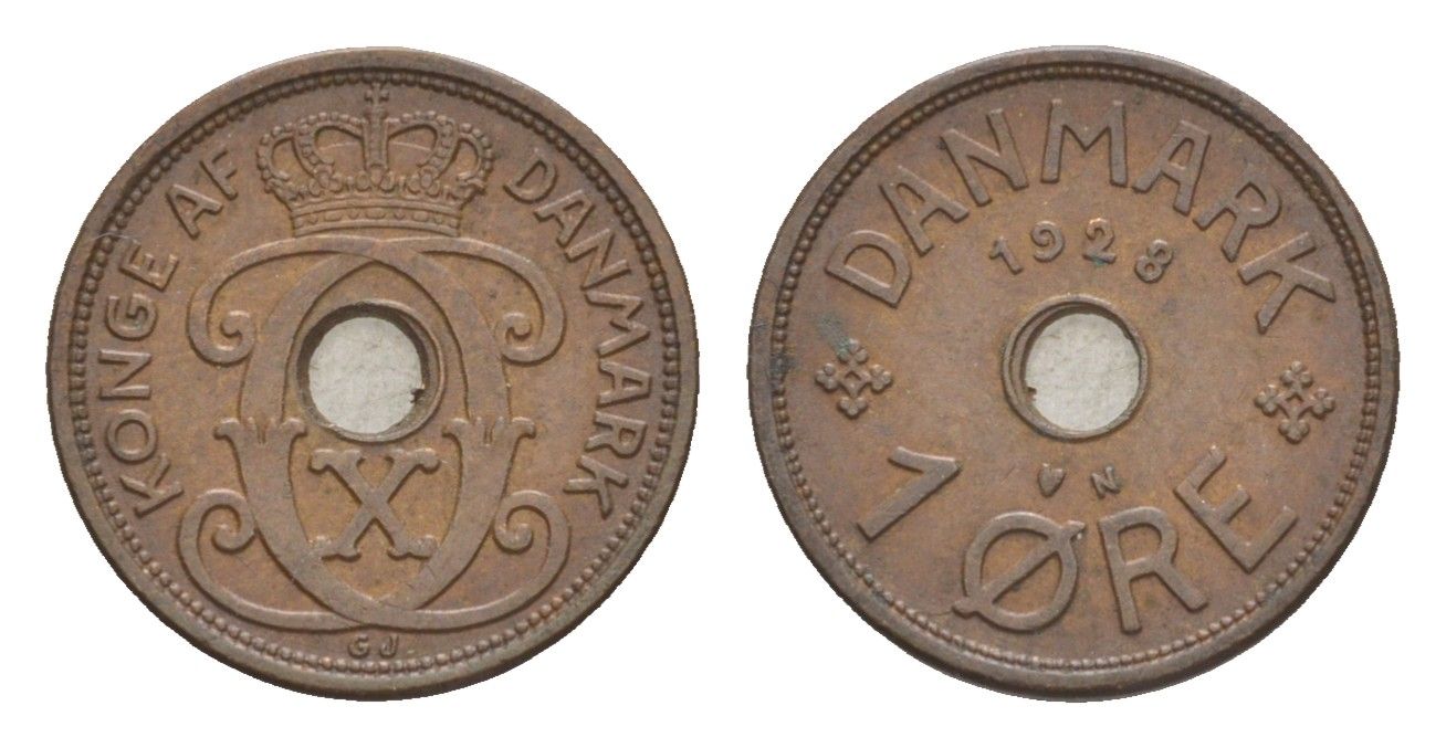 Дания 1 эре 1928 N, Кристиан X (1912-1947) KM 826 бронза 4639-711