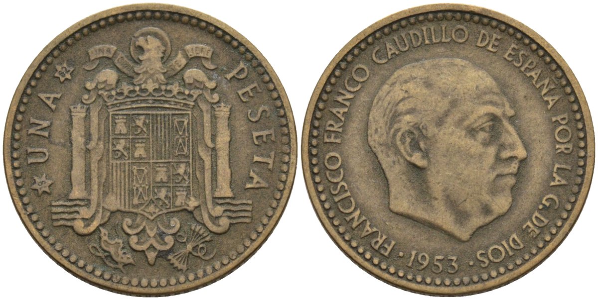 Испания 1 песета 1953 (62) Франсиско Франко (1939-1975) KM 775 алюминиевая бронза 3336-312