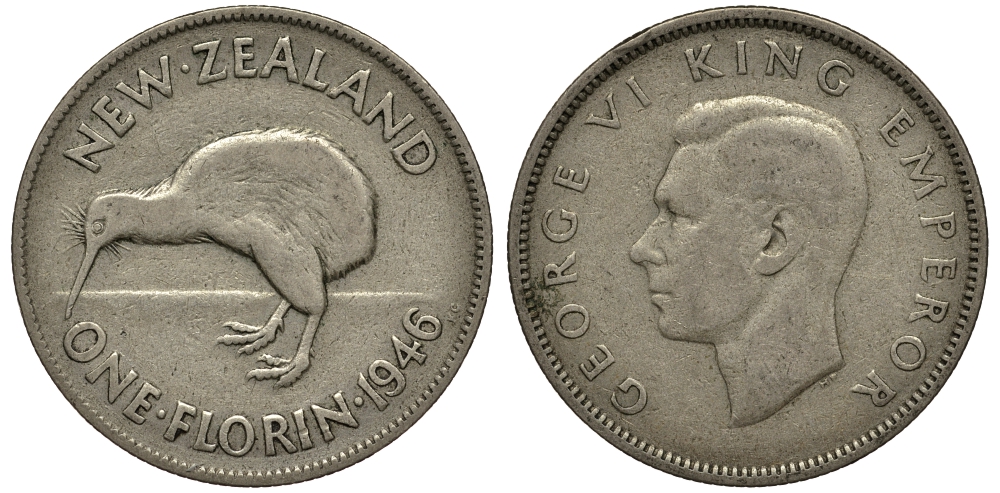 Новая Зеландия 1 флорин 1946 Георг VI (1936-1952), птичка киви KM 10.1 серебро 272-1633