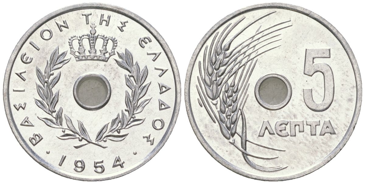 Греция 5 лепт 1954 Павел I (1947-1964), колосья KM 77 алюминий UNC 4615-1047