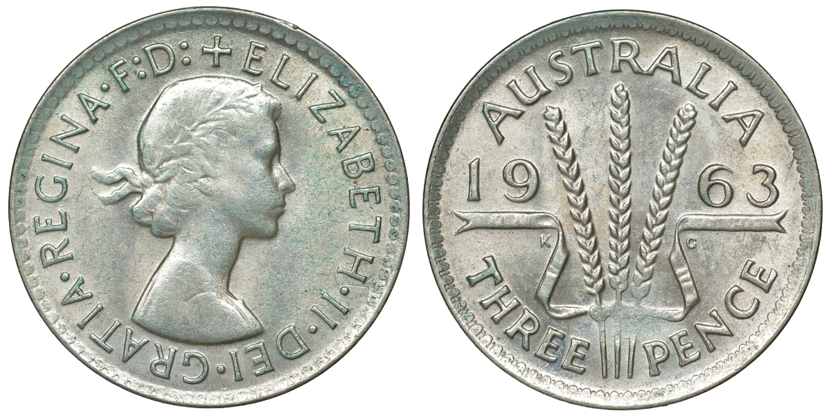 Австралия 3 пенса 1963 m, Елизавета II (1952-2022) KM 57 серебро 71-922