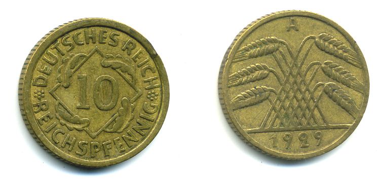 ГЕРМАНИЯ 10 РЕЙХСПФЕННИГОВ 1929 А, KM 40, J. 317 алюминиевая бронза 46-1431