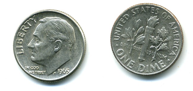 США 10 ЦЕНТОВ = 1 ДАЙМ 1965 РУЗВЕЛЬТ KM 195а медь плакированная медно-никелем 54-265