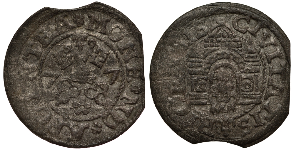 Рига 1 шиллинг (шеляг) 1577 свободный город (1562-1581), вес 1,01 гр. Neumann 9 серебро 1516-541