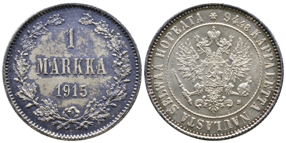 Россия для Финляндии 1 марка 1915 S, Николай II (1894-1917) KM 3.2, Биткин 401 серебро 00-00