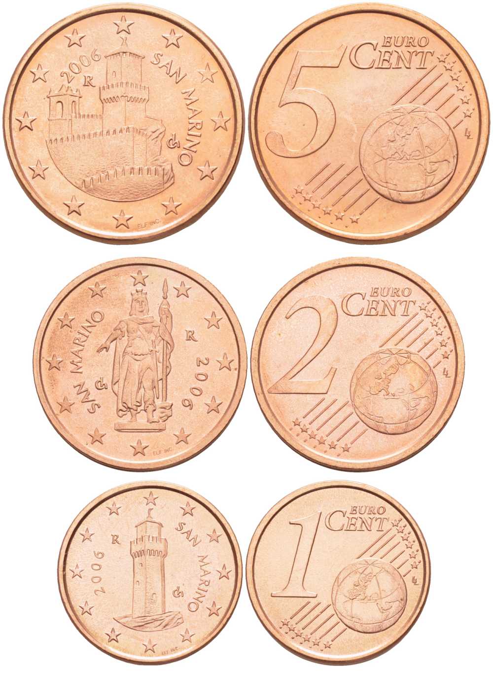 Сан-Марино лот из 3 монет 2006 1,2 и 5 евроцентов сталь плакированная медью UNC N4-66