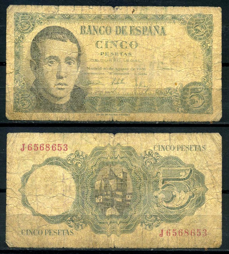 Испания 5 песет 1951 16 августа 1951, Хаиме Лусиано Бальмес Pick 140а бумага 7203-42-3-2