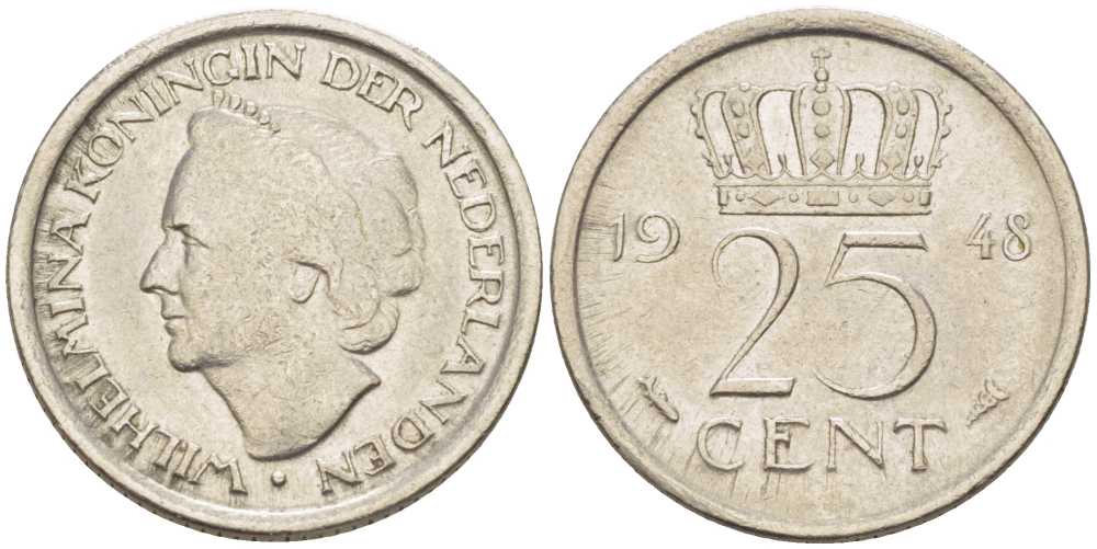 НИДЕРЛАНДЫ 25 ЦЕНТОВ 1948 ВИЛЬГЕЛЬМИНА (1890-1948) KM 178 никель 211-667