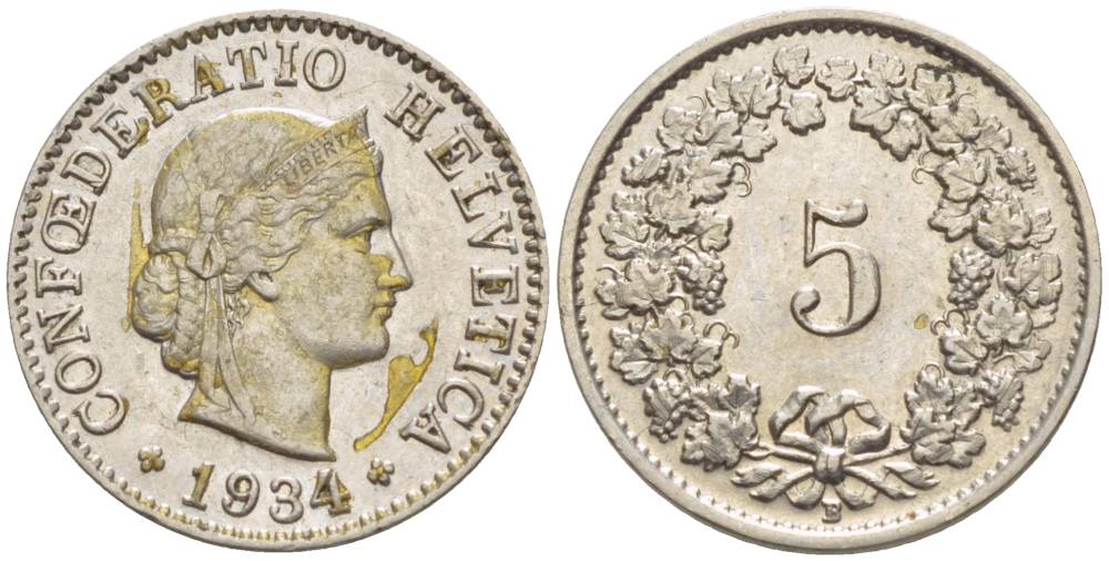 ШВЕЙЦАРИЯ 5 РАППЕНОВ 1934 В KM 26 медно-никель 4532-932