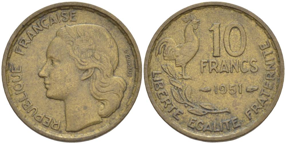 Франция 10 франков 1951 петух KM 915.1, Le Franc 363.4 алюминиевая бронза 4551-325