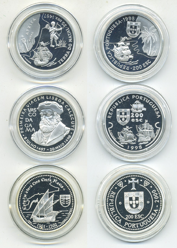 ПОРТУГАЛИЯ НЕПОЛНЫЙ НАБОР ИЗ 3 МОНЕТ ПО 200 ЭСКУДО 1998 СЕРИЯ IX, ВАСКО ДЕ ГАММА И ПУТЬ В ИНДИЮ, В ОРИГИНАЛЬНОЙ КОРОБКЕ, С СЕРТИФИКАТОМ KM 709а, 710а, 711а серебро PROOF 5-1-9