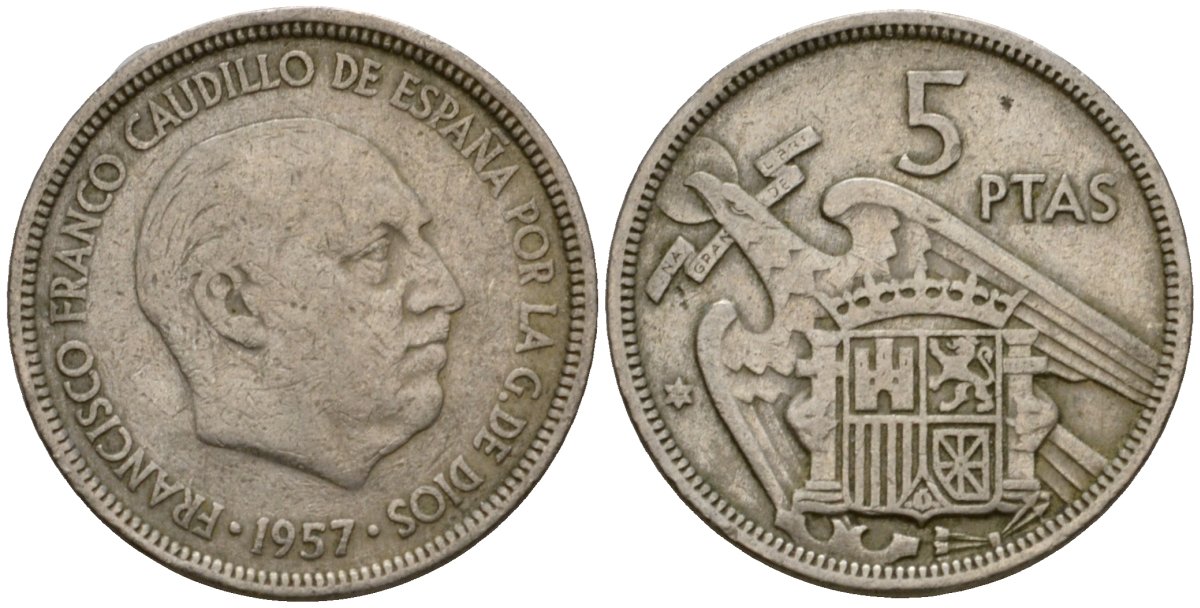 Испания 5 песет 1957 Франсиско Франко (1939-1975) KM 786 медно-никель 186-255