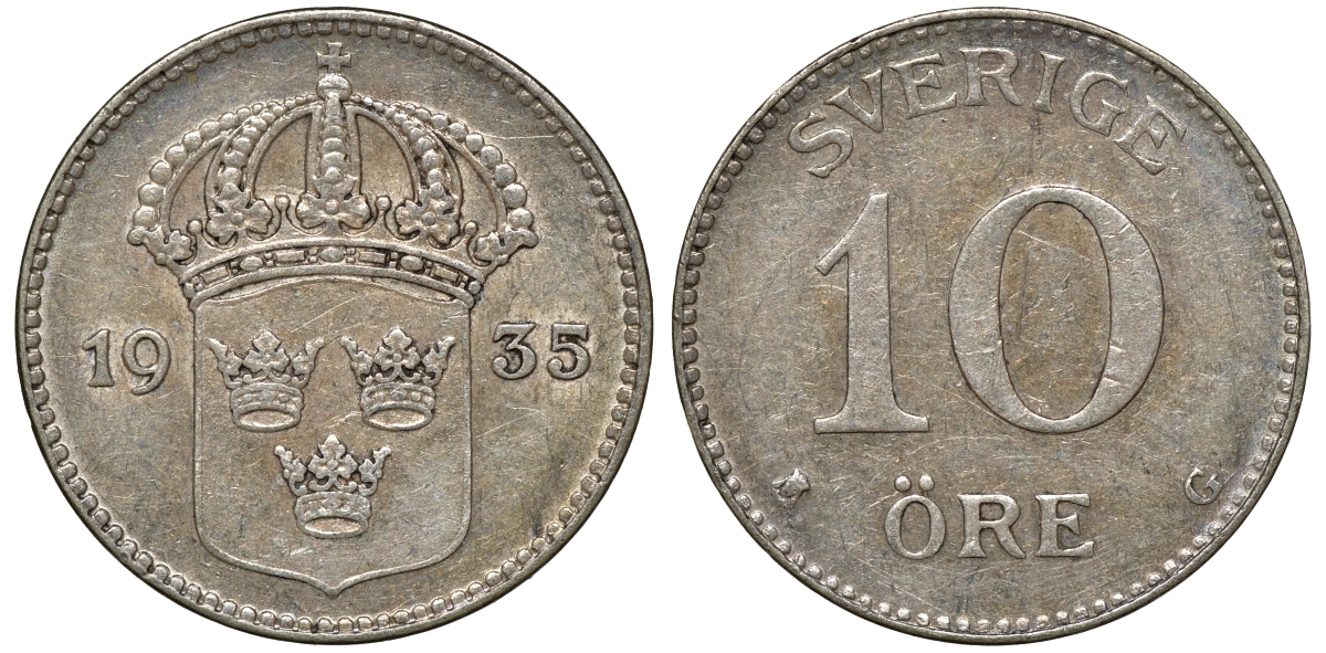 Швеция 10 эре 1935 G, Густав V (1907-1950) KM 780 серебро 4179-622