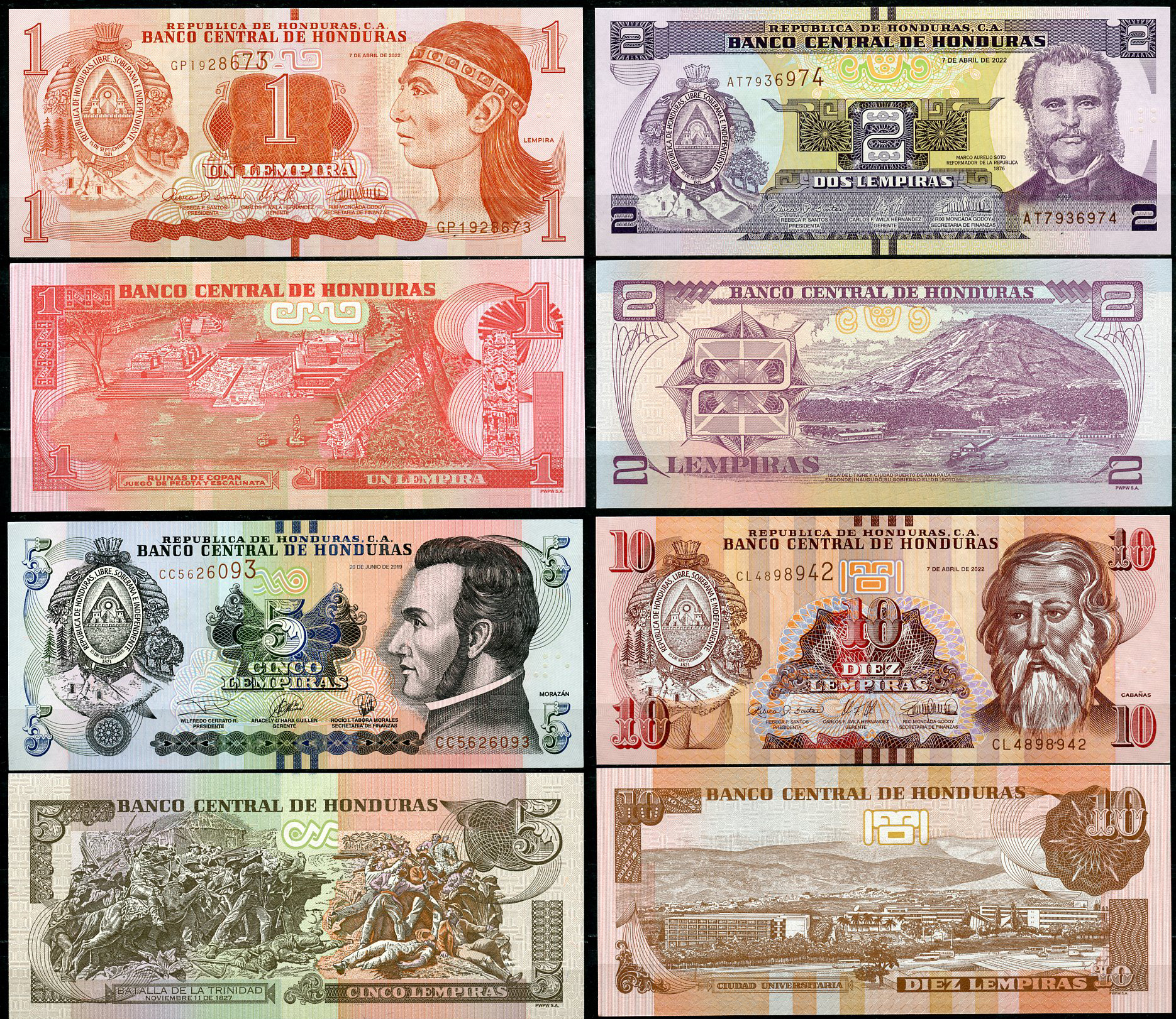 Гондурас набор из 4 банкнот (1, 2, 5 и 10 лемпира) 2019, 2022  Pick 96, 97, 98, 99  бумага  UNC (пресс) 450-73-2