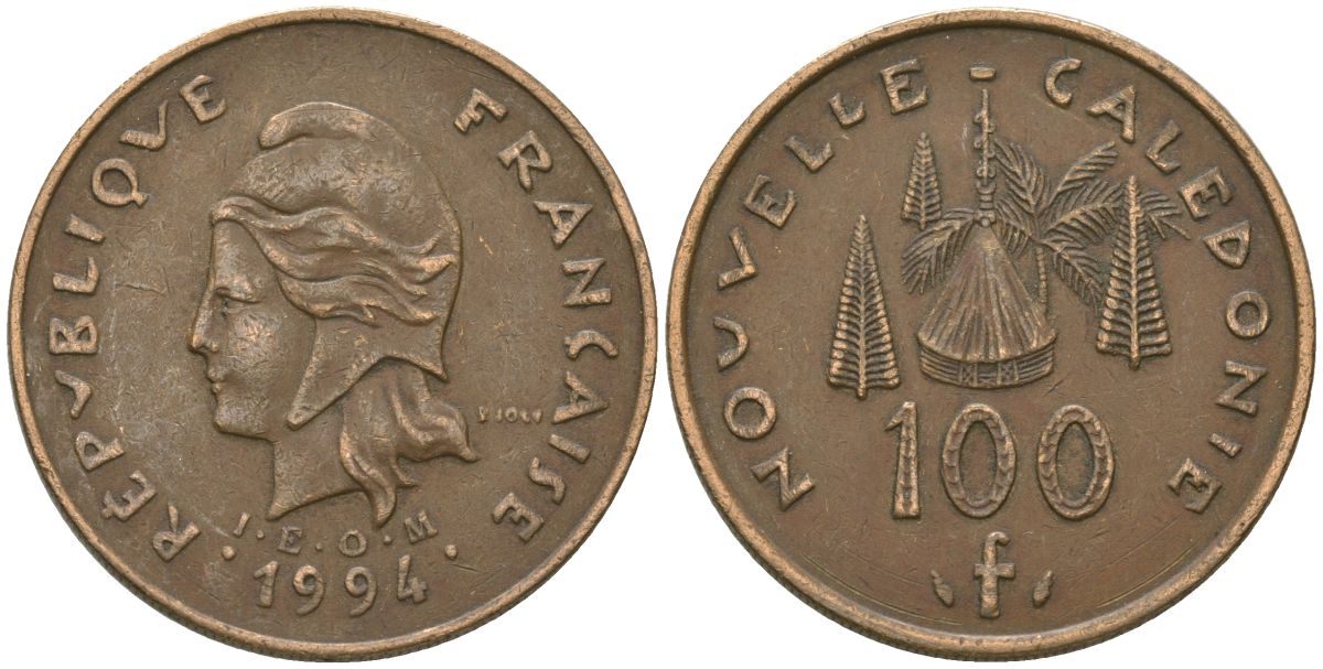 Французская Новая Каледония 100 франков 1994 хижина среди сосен и пальм, (IEOM) KM 15, Schoen 16, Lec 138 никель бронза 88-1115