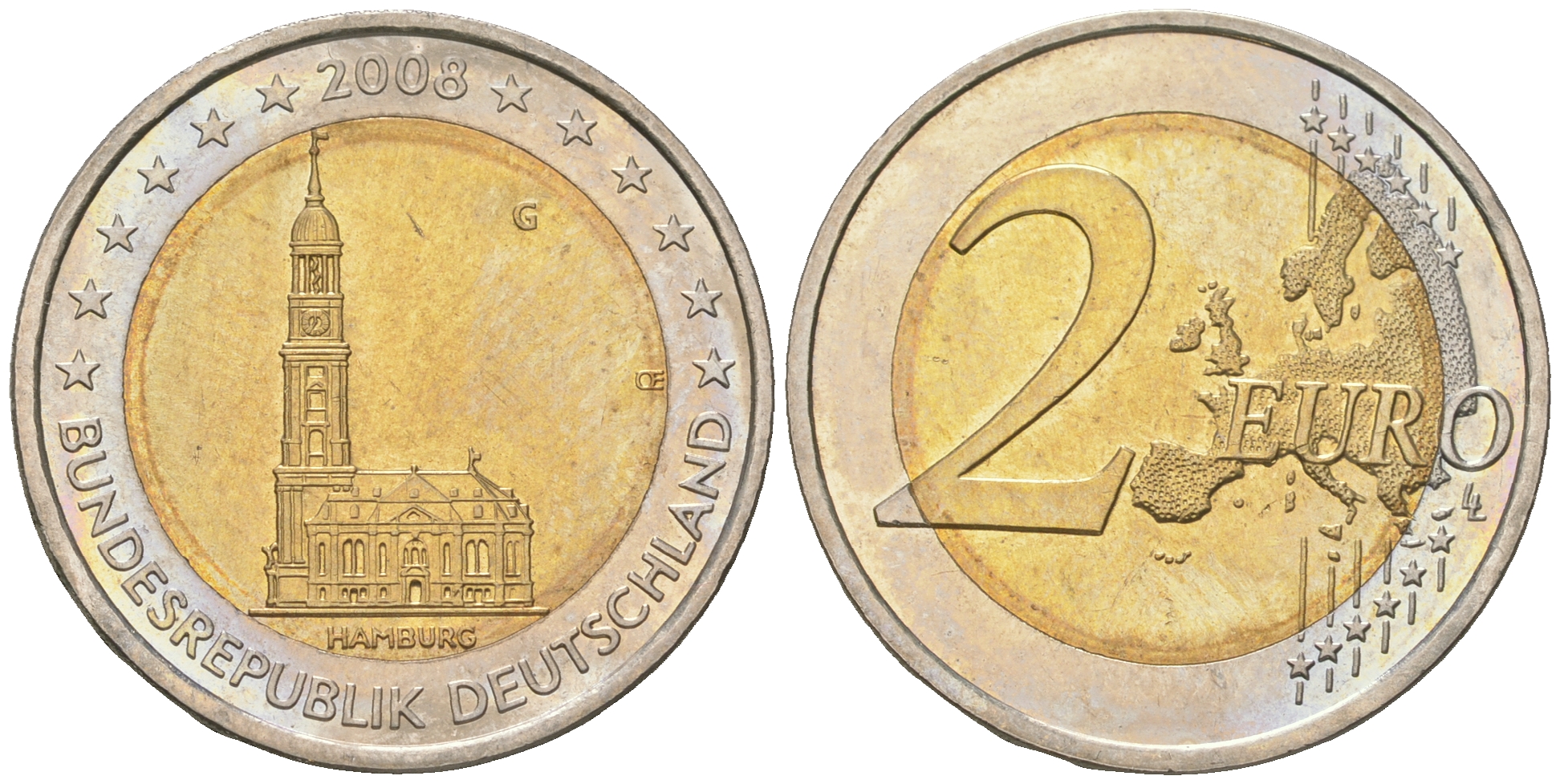 ФРГ 2 евро 2008 G, серия федеральные земли, церковь Св. Михаила в Гамбурге KM 261 биметалл 60-315