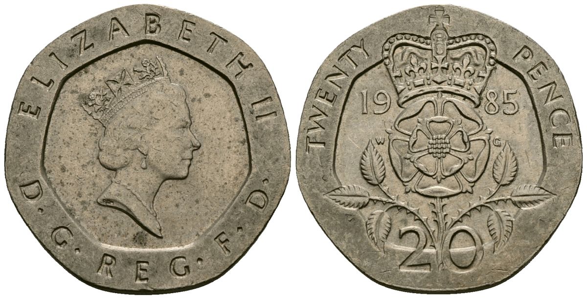 Великобритания 20 пенсов 1985 Елизавета II (1952-2022) KM 939, Spink 4361 (G2) медно-никель 4538-421