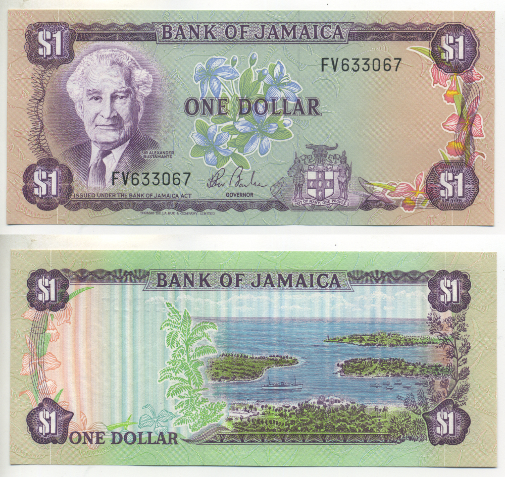 ЯМАЙКА 1 ДОЛЛАР 1982-1986 ПОДПИСЬ 7, АЛЕКСАНДР БУСТАМАНТЕ, TDLR Pick 64b бумага UNC (ПРЕСС) 7551-3-2-2