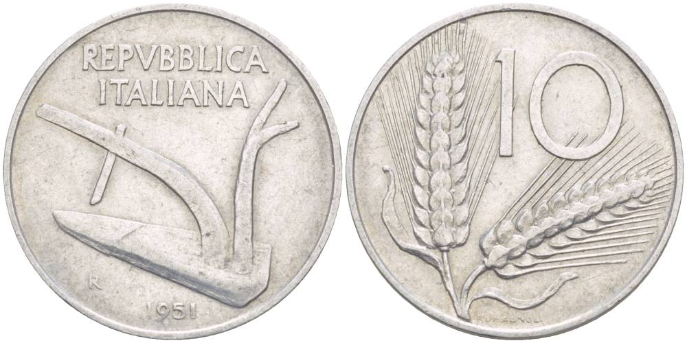ИТАЛИЯ 10 ЛИР 1951 R, КОЛОСЬЯ, ПЛУГ KM 93 алюминий 4551-151