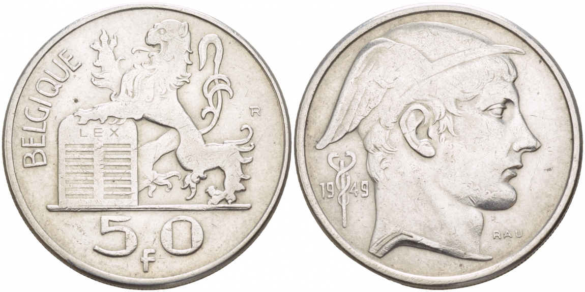 Бельгия 50 франков 1949 Леопольд III (1934-1950), Belgique  KM 136.1 серебро 4545-1035